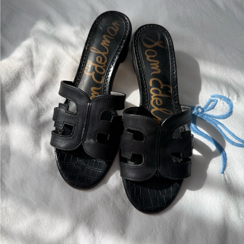 Sam Edelman Illie 30MM Block-Heel Croc-Embossed Sandals Black 7.5